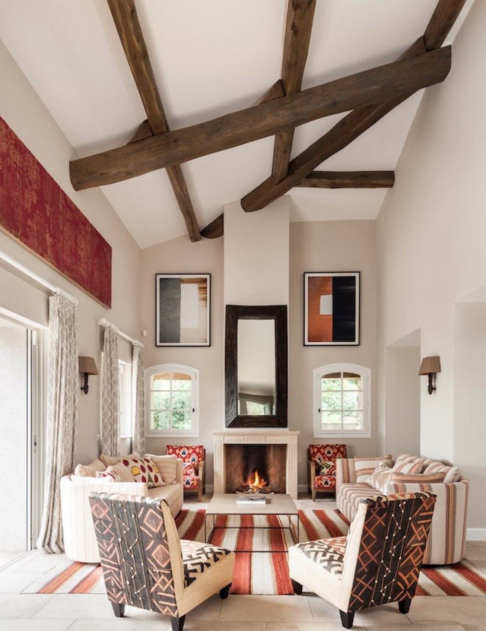 Cote D'Azur | Living room - beams and antique textiles  | Interior Designers